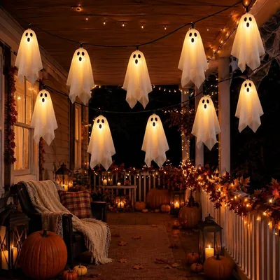 JeeLeeko Decoraciones de Halloween: Guirnalda LED Fantasmas 10 Luces Cálidas 8 Modos, 2.75m
