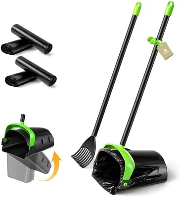 Topika Pet Pooper Scooper Long Handle Swivel Bin & Rake with 40 Bags - Best Deal