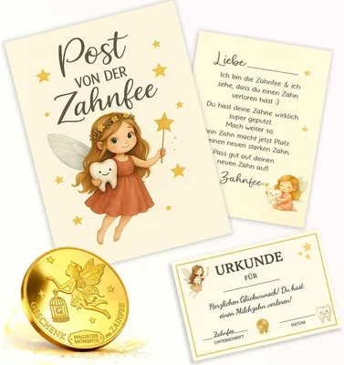 Zahnfee Geschenke für Mädchen - Zahnfee Set mit Brief der Zahnfee, Zahnfee-Zertifikat & Münze, Liebevolles Milchzahn