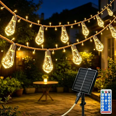 Solar Lichterkette Außen 10M mit 15 Glühbirnen - Wetterfest Warmweiß - Neu aktualisiert Vintage Solarlichterkette