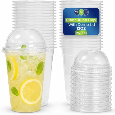 SNH Packing 25 Pack Clear Plastic Cups with Dome Lids & Straw Slot, 12oz BPA Free RPET Reusable Cups for Iced Coffee, Smoothies Best Deal