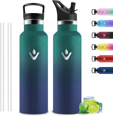 Botella de agua Mujigaga de acero inoxidable de 750 ml, Botellas para gimnasio, Botella térmica con pajita, A prueba de fugas, con 2 tapones, Libre de BPA