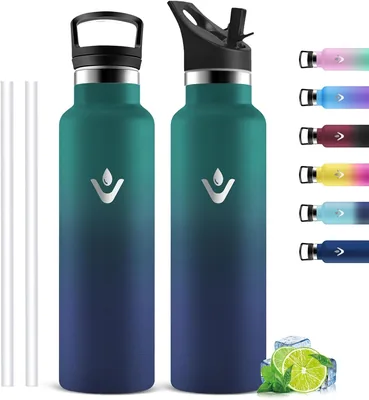 Botella de agua Mujigaga 1L de acero inoxidable, botellas de gimnasio con pajita, con 2 tapas, cantimplora térmica, a prueba de fugas, sin BPA - Mejor Oferta