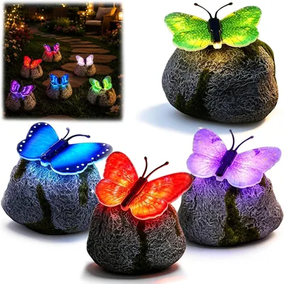 ELMVAR Illuminated Butterfly Stone Garden Light, Solar LED Powered Outdoor Decor, Waterproof Resin B