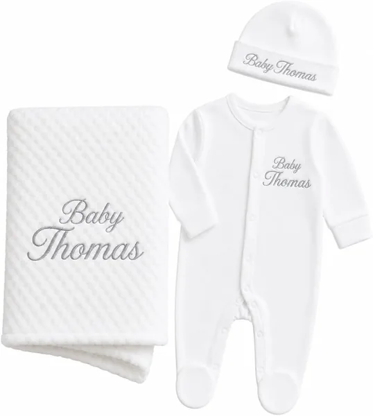 Lobeko Personalised Baby Gift Set for Newborn Baby, Embroidered Waffle Blanket, Cotton Sleepsuit & Hat 0-3 Months - Custom Baby Name for Boys, Girls & New Parents (Grey Thread Coloured, Size: S/M/L/XL, 1 Pack)