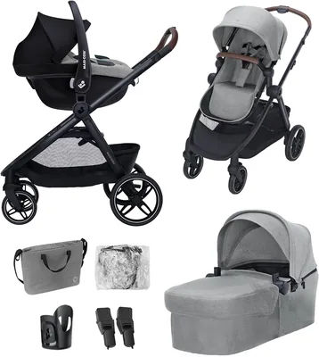 Maxi Cosi Zelia Select+, Carrito de Bebé 3 en 1 con Asiento de Auto y Portabebés Reversible, para Niños de 0 a 4 Años (0-22 kg), Sistema de Viaje