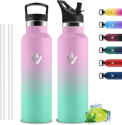 Botella de agua Mujigaga de acero inoxidable 750 ml, Botellas para gimnasio, A prueba de fugas, Termo con pajita, con 2 tapones, Libre de BPA