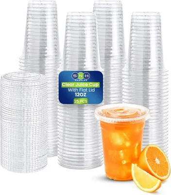 SNH Packing 25 Pack Clear Plastic Cups with Flat Lids - BPA Free Reusable Cups