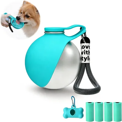 ALLFYL Botella de Agua para Perro 2 en 1, 285 ml, Portátil Bebedero de Acero Inoxidable con Cuencos de Silicona, 4 Rollos de