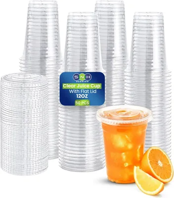 SNH Packing 50 Pack Clear Plastic Cups with Flat Lids, BPA Free Reusable Cups for Juice, Iced Coffee, Smoothies, Bubble Tea