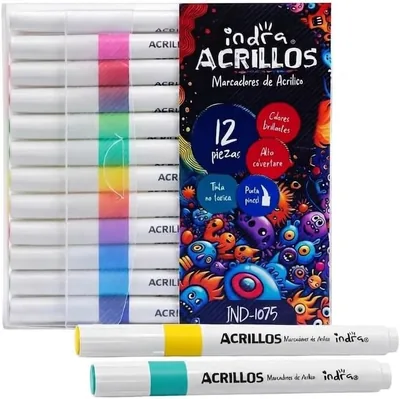 Marcadores Acrílicos INDRA, Set de 12 Colores Brillantes, Punta Pincel, Tinta No Tóxica