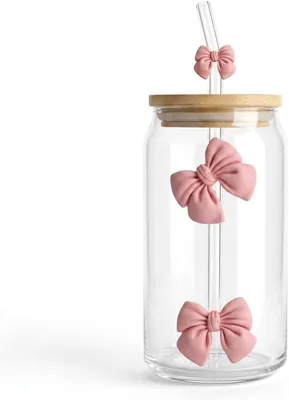 مكعب ثلجي Pyrex للقهوة و الكوب زجاجي، 500 مل، كوب عصير بأشرطة هولوغرافية وردية 3D، غطاء من الخيزران و شفاطات زجاجية
