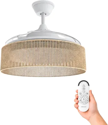 Mellerware - Ventilateur de plafond Brizy Bright Rattan Sand avec lumière et lampe | 3 pales | Diamètre 106 cm | 40 W | 6 vitesses | Ultra-