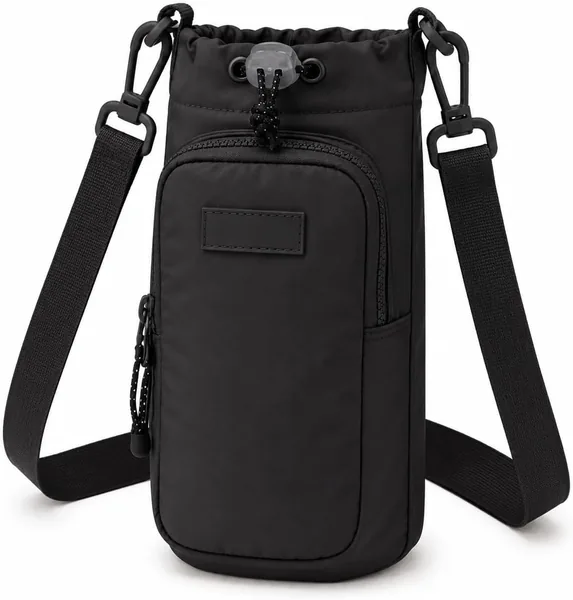 Bolsa Porta Garrafa com Alça Ajustável e Bolso para Celular | Suporte para Squeeze e Garrafa | Ideal para Atividades Físicas, Viagens e Uso Diário (Preto) - 10% de Desconto