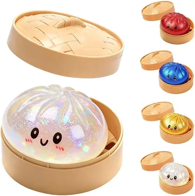 Dumpling Squishy avec Panier Vapeur, Bao Bun Squishy Pailleté 10 cm, Jouet Anti Stress Souple et Élastique, Fidget Toy Relaxa - Meilleur Prix