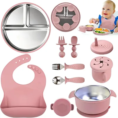 Plato para Niños de Acero Inoxidable, 9 Piezas con Manga Extraíble, Libre de Bpa, Ventosas, Tazones - Ahorra un 12%