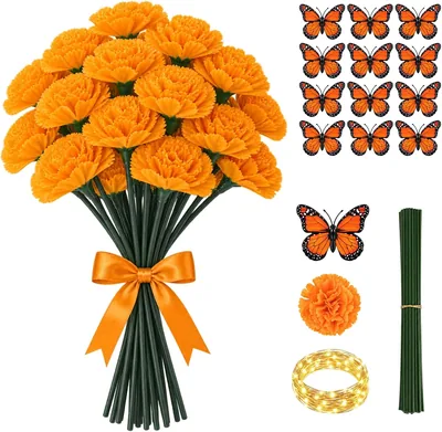 Flores de Cempasúchil de Seda KIROGILY con Luces y Mariposas (50 Unidades)