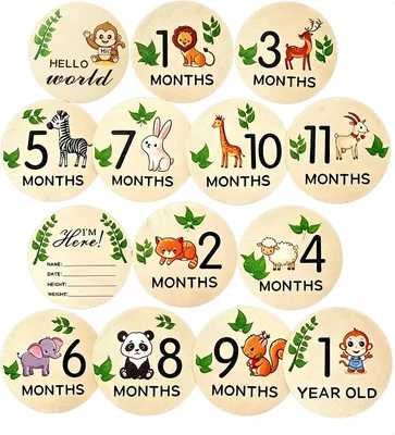 7-delar Träd Milestones Kort för Baby | 4" Rund Dubbel Sidas Månadskort med Hallo Värld Teken, Fotoproperia för Nyfödd Jungfru