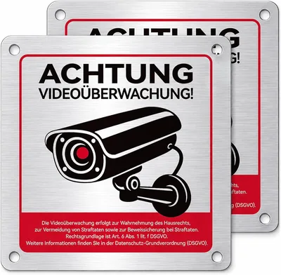 Achtung Videoüberwachung Sign Set, 2er-Set - Aluminium-Schild 15 x 15 cm mit DSGVO-Hinweis, wetterfest