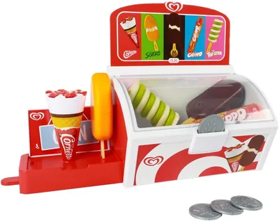 Congelador de helados Casdon oficial para tienda de juego: Incluye soporte pop-up, monedas y 5 frigoríficos de juguete
