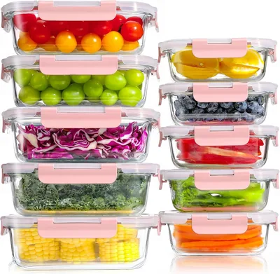 Boîtes à repas en verre réutilisables YASHE, lot de 10 avec couvercles étanches - BPA gratuit, micro-ondes, four, lave-vaisselle, congélateur, rose