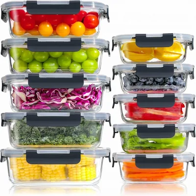 YASHE Set di 10 contenitori alimentari in vetro con coperchi ermetici, BPA Free, adatti al microonde, forno, frigorifero e congelatore per la preparazione dei pasti - Blu
