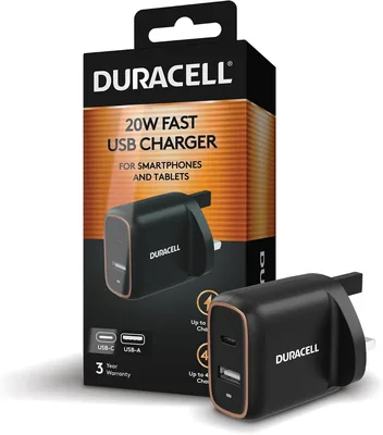 Duracell 20W USB-C PD Charger - Dual Port Fast Charging