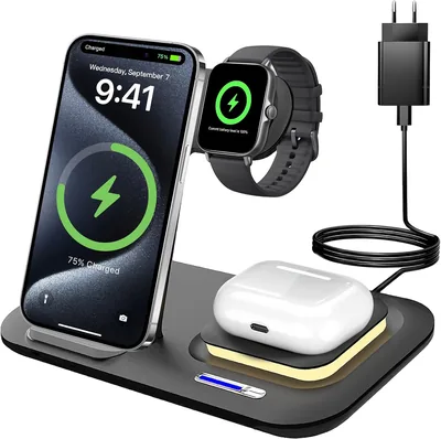 SerionR Drabladladdare, 3-i-1 Laddestation för iPhone 17/16/15/14/13/Pro/Max/Plus, Fördrabbar Induktiv Drabladladdare