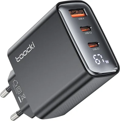 Toocki 67W GaN 3-Port LED-laddare för MacBook iPhone 17 Galaxy S24 (Schwarz) | 10% Off
