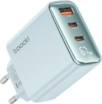 Toocki 67W GaN 3-Port LED-laddare i blått för MacBook, iPhone 17 och Galaxy S24 | 10% avrundning