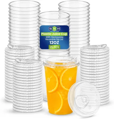 SNH Packing 12oz Transparent Cups with Lids - 25 Pack