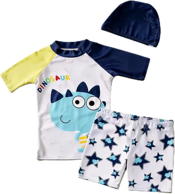 Boys Shark Swimsuit Set - Blue Rash Guard, Trunks & Cap. Quick Dry Beach Wear