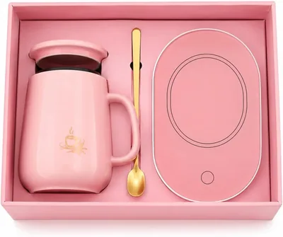 Luxury Pink Ceramic Coffee Mug Set - Electric Warmer & Gold Spoon