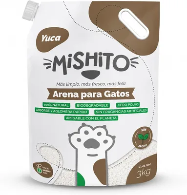 Arena para Gato Mishito de Yuca Natural, Biodegradable, Alta Absorción y Aglutinación, Sin Polvo ni Fragancias Artificiales