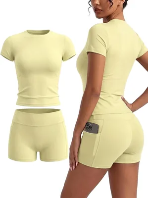 Conjunto de entrenamiento para mujer, manga corta, top corto y pantalones cortos con control abdominal - Mejor Oferta