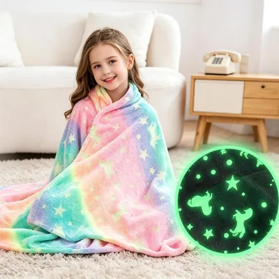 Beauty Unicorn Glow Dark Blanket for Kids - Soft Flannel Rainbow Throw