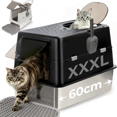 XXL Kuweta dla Kota ze Stali Nierdzewnej z Pokrywką - 60 x 43 x 40 cm, Duża Kuweta Zamknięta, Pokrywa Składana 120°