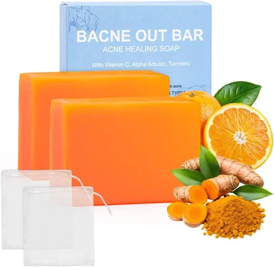 2 Pack Bacne Out Bar Soap with Turmeric, Vitamin C & Alpha Arbutin, Brightening Exfoliating Cleanser