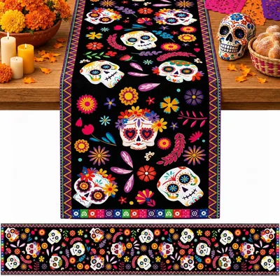 Camino de Mesa Dia de Muertos Halloween Calavera Azúcar (Colores)
