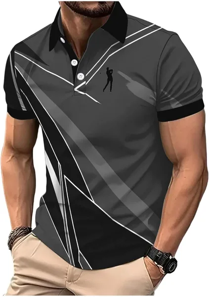 T Shirts for Man Fashion Geometry Graphic Print Tees Shirt Casaul Short Sleeve Lapel Button Pullover Tops Plus Size