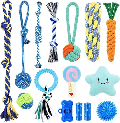 SAWGENTO Juguetes para Perro 15 Piezas, Set de Masticación y Cuerda con Sonidos, Incluye Bolsas para Heces y Dispensador, Juego Divertido para Mascotas