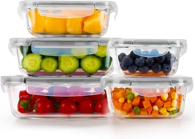 Vidrio Contenedores para Alimentos, Juego de 5 Tuppers Herméticos con Tapa, Toppers para Lunch Refrigerador, Congelador - 15% Off