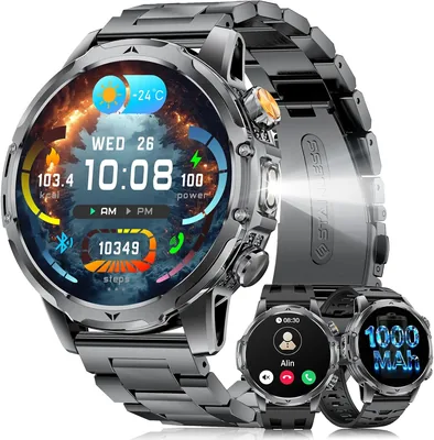 LIGEMI Hombre Smart Watch 1000mAh Linterna 1.53 Pulgadas HD Militar con Bluetooth Llamadas Monitoreo de Sueño