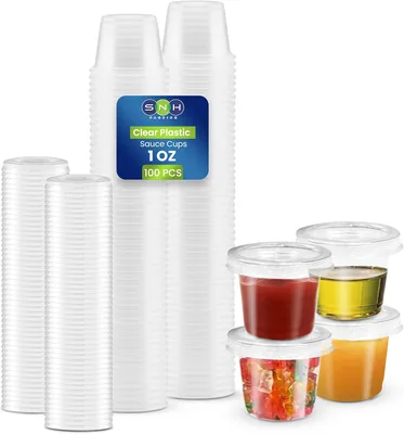 SNH Packing 1 oz Clear Portion Cups with Lids - 100 Pack | Reusable Plastic Sauce Containers