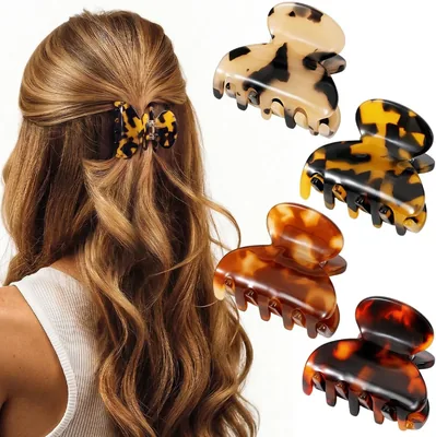 Acetate Hair Clips for Women - 4 Piece Set, 1.6 Inch Claw Clips for Thin Hair, Leopard Print