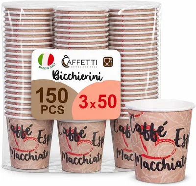 Caffetti 150 Bicchieri di Caffè in Carta, 90 ml, Made in Italy, 3 Pacchi da 50 Bicchieri Espresso USA, Per Bar e Ufficio