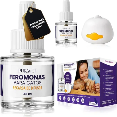 PURAVET - Feromón para Gatos - Difusor + 2 Recargables de Feromonas Calmantes para Gatos (60 días, 48 ml) - Ayuda a Reducir el Estrés del Gato