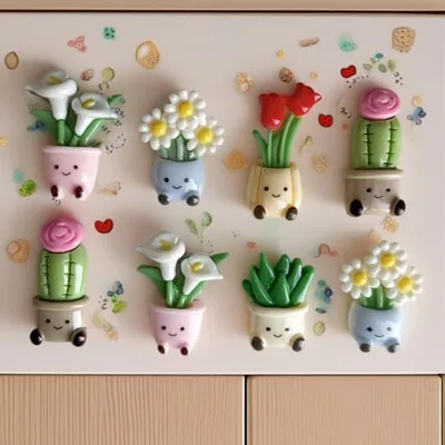 8 Pcs Potted Flower Fridge Magnets - Creative Decorations