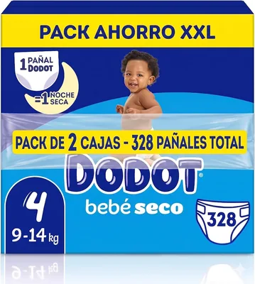 Dodot Baby-Dry Pañales Talla 4, 9-14 kg, Pack de 328 Unidades, Protección Anti-Fugas, 2 Cajas
