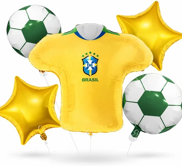 Kit Balões Futebol Copa Brasil Premium - Decoração Festa Futebol com Bola, Taça Champion, Camisa Brasil, Orbz 4D e Kits Variados (Kit Camisa Brasil 5 Peças)